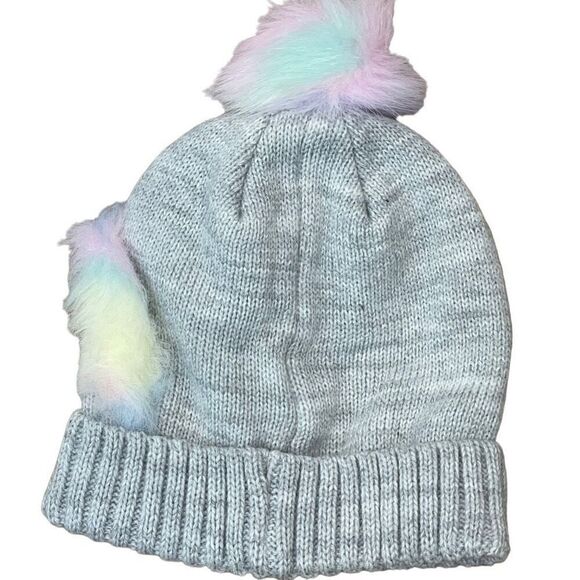 Toddler Kids Cute Winter Knit Unicorn Rainbow Pompom Beanie Hat - Picture 4 of 4
